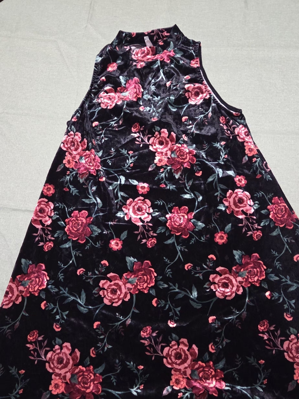 Velvet Floral Mock Neck Dress - Black with Pink Roses - Picture 1 of 1